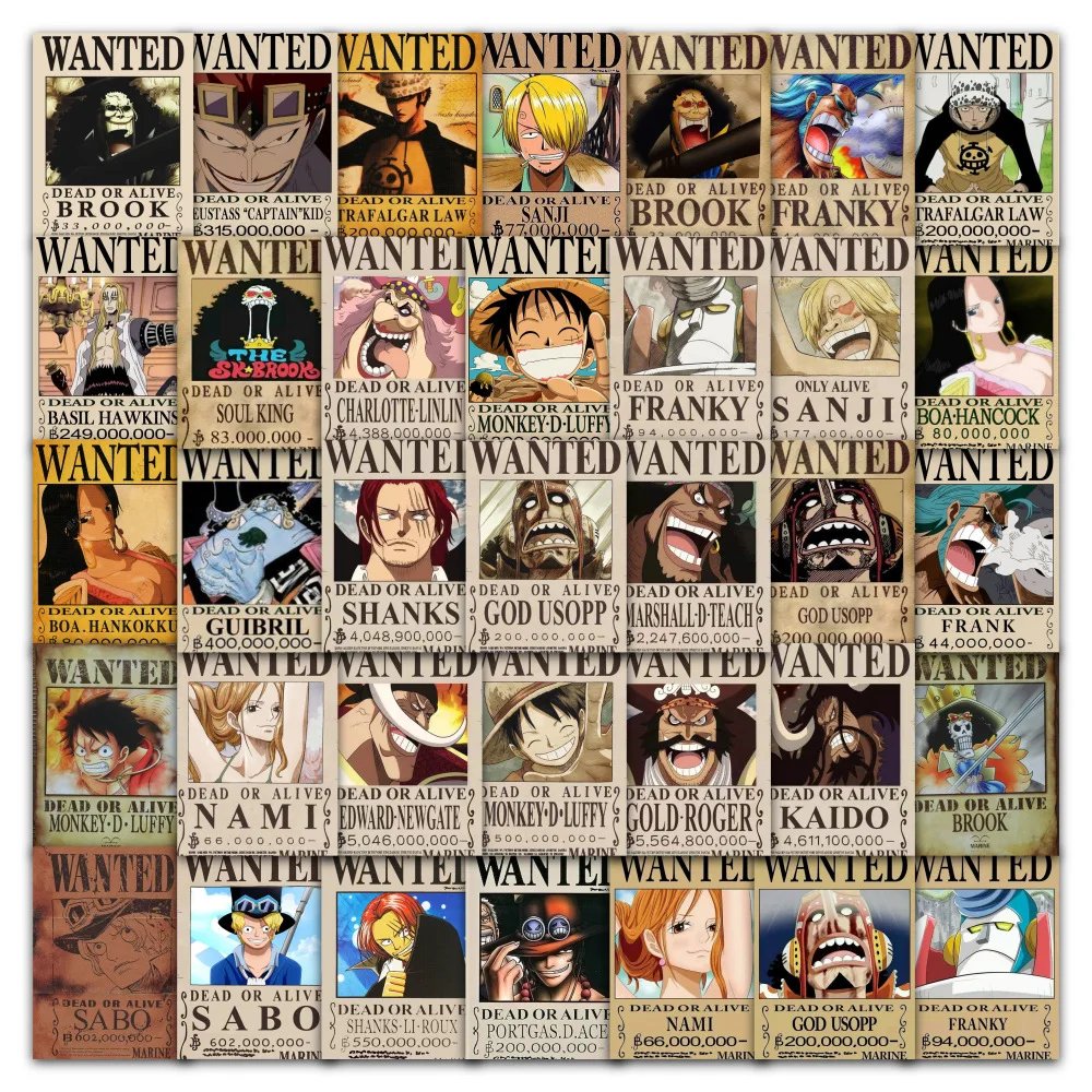 60PCS Anime One Piece Wanted Posters Stickers Kid Toy DIY Skateboard Fridge Guitar Laptop Motorcycle Cool Decal Cartoon Sticker