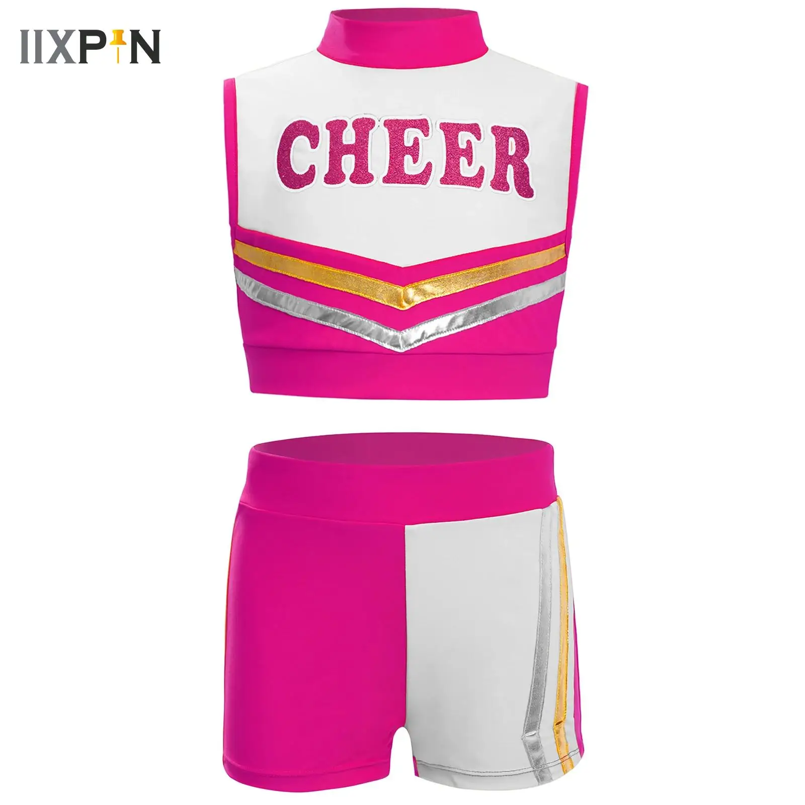 

Kids Child Cosplay Cheerleader Costume Cheerleading Uniform Outfit Crop Top with Shorts Set School Girls Halloween Dancewear