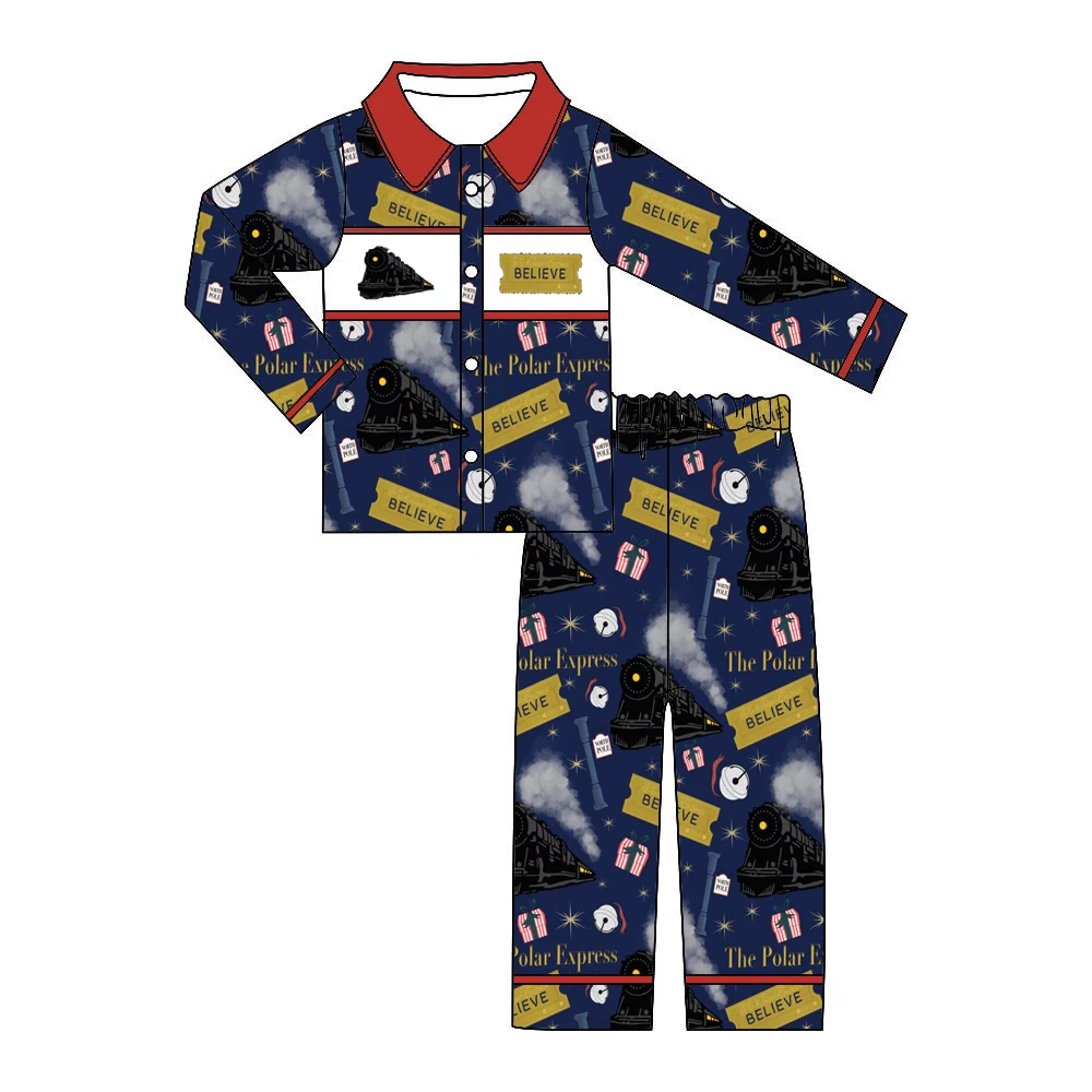 New Christmas Boutique Children's Set Short-Sleeved Train Print Trousers Girls and Boys Long-Sleeved Set baby Lapel Pajamas Set