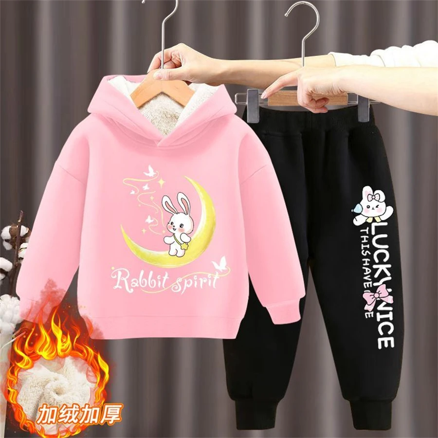 Winter Casual Kids Conjuntos Warm Print Hooded Sweatshirts Tops + Plush Lined Girls Jogger Pants Thicken Chirldren Tracksuit Set