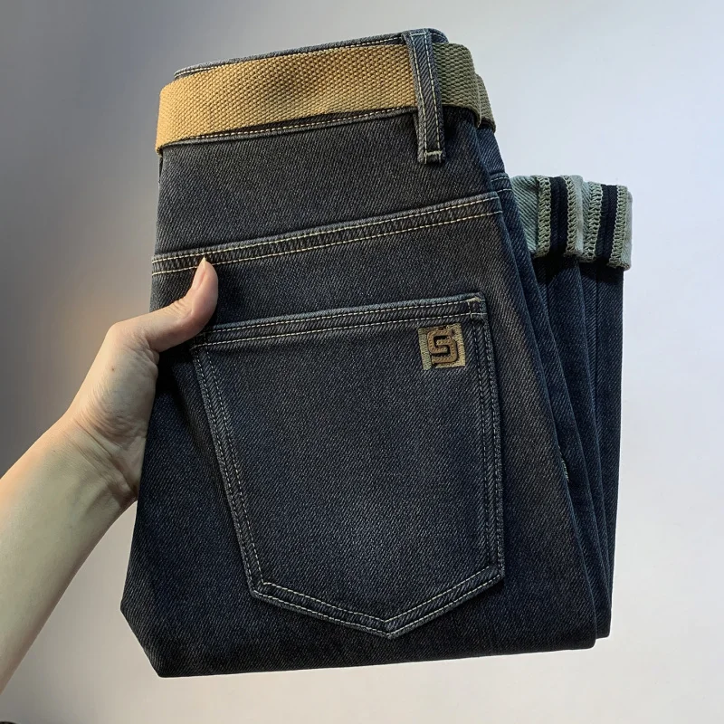 

Зимние флисовые джинсы 2025 года для мужчин, утолщенные теплые, слегка свободные толстые, облегающие, легкие роскошные брюки