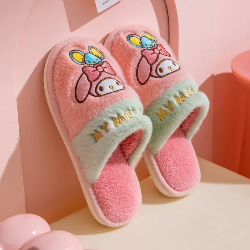 Sanrio-女の子のための豪華なハローキティのスリッパ,暖かい屋内フラットシューズ,滑り止めの家庭用カジュアルシューズ,冬,黒み,私のメロディー