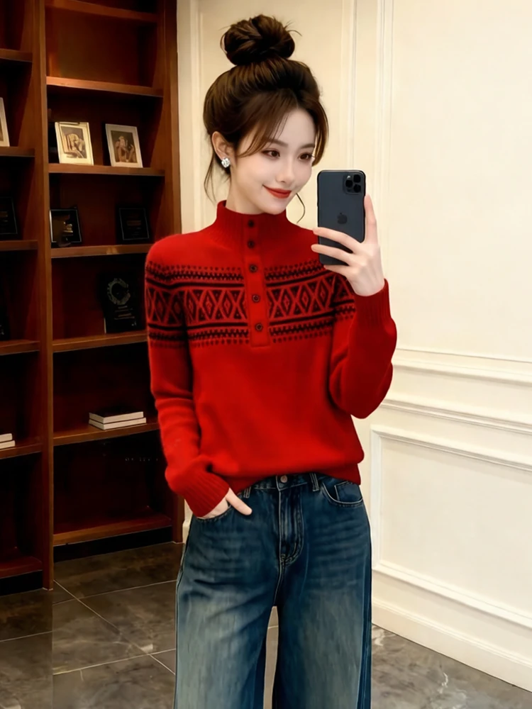 

Sli Red High Collar Knitwear Women's Premium Spring Autumn Faionable Top Trendy Base irt f High Ne Sweater