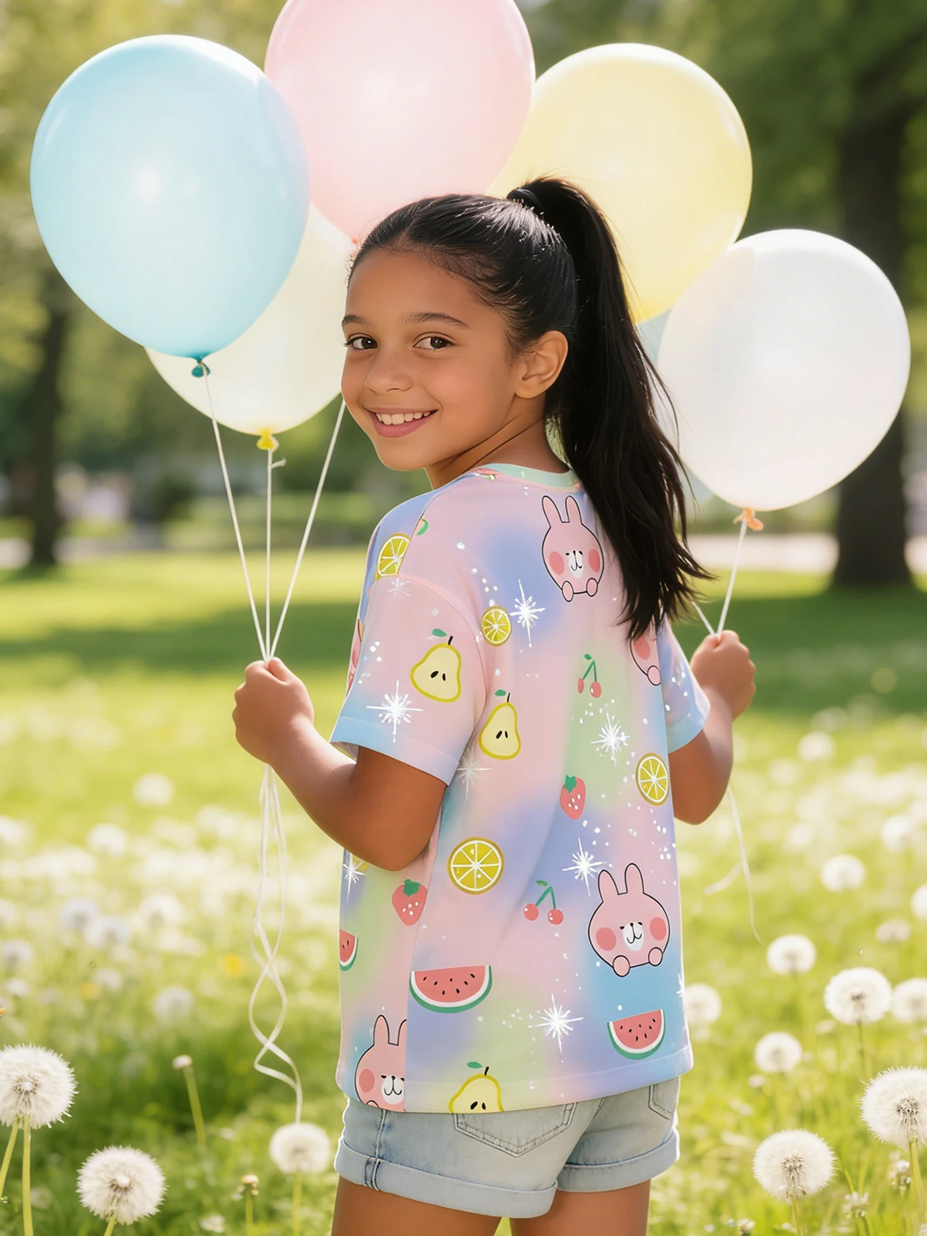 2026 girls pink and blue gradual change glitter powder childlike full print short-sleeved T-shirt, cute casual top