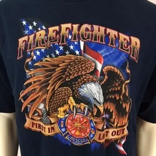 Fire Dept First In Last Out Firefighter Fireman Eagle T-Shirt 100% Cotton O-Neck Short Sleeve Summer Casual Mens T-shirt