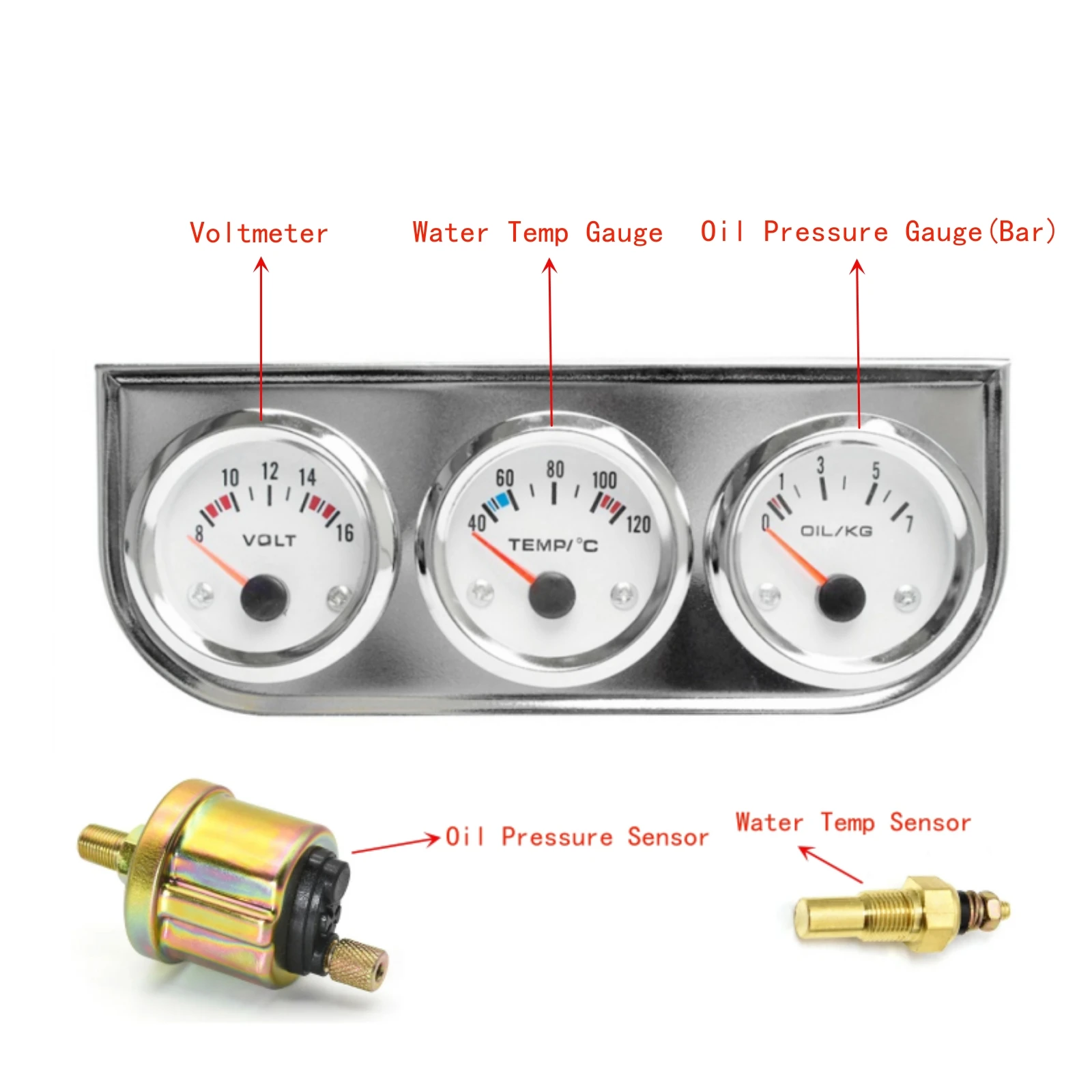52mm 3 In 1 Oil Pressure Gauge + Voltmeter + Water Temp Gauge Kit with Sensor Oil Temp Gauge Voltmeter Oil Press Triple Meter