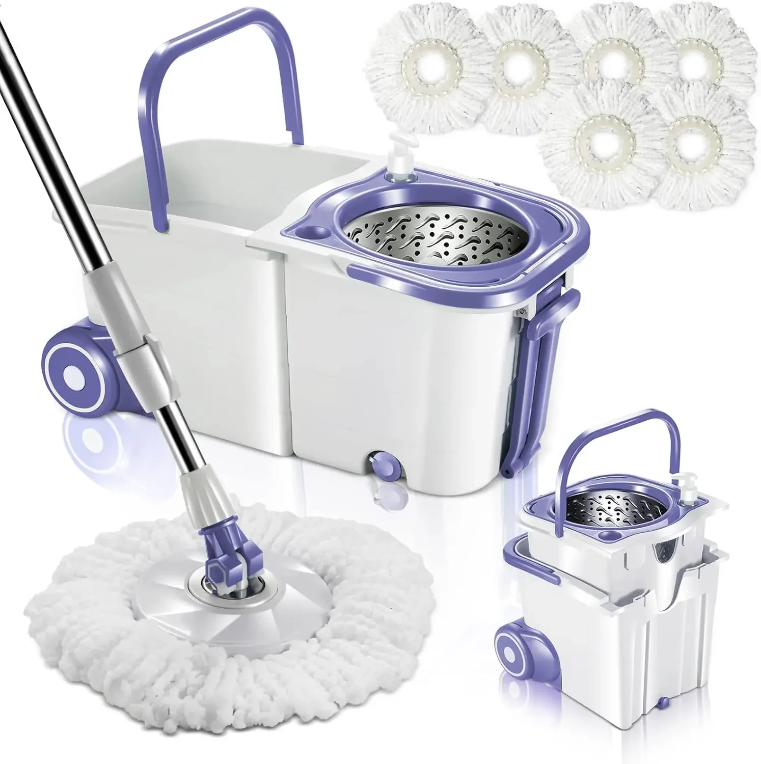 

MASTERTOP Spin Mop Bucket System with Wringer Set, Mop Buckets Separate Clean and Dirty Water,360° 6psc Microfiber Spin Mops