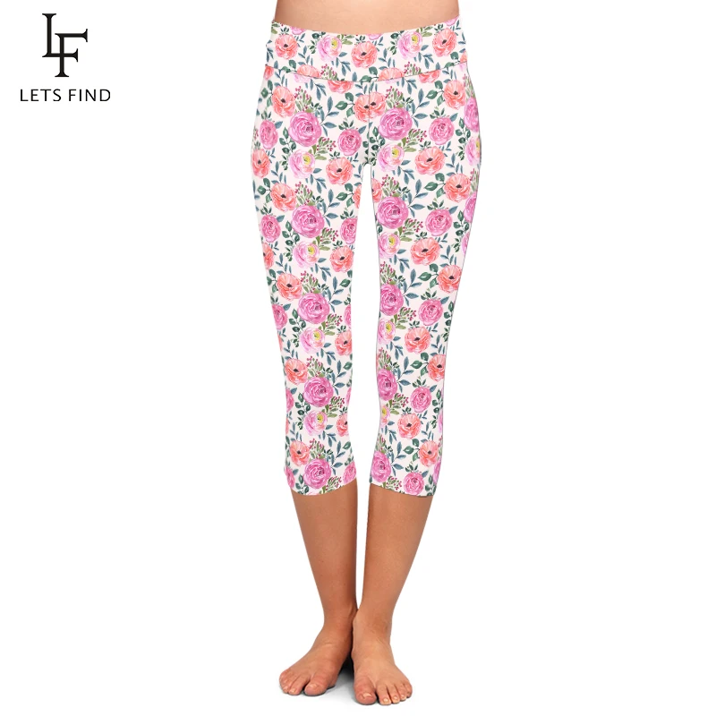 LETSFIND Summer Beautiful Flowers Print Capri Leggings High Waist  Soft and Comfortable Fitness Mid-Calf Leggings