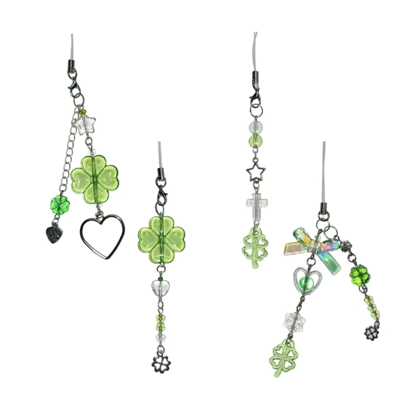 F42F Handmade Beaded Phone Charm Four Leaf Grass Phone Lanyard Stylish Key Pendant Bag Accessory Suitable for Any Occasion