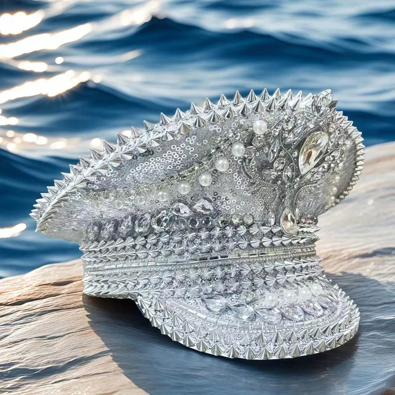 HongLuan Yellow Laser Leather Loop Captain Hat Rhinestone & Military Caps for Woman, Rave Festivals Accessories ＆ Party Cap Man