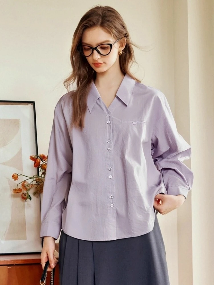 

OLrain женская хлопковая рубашка с длинным рукавом, свободная рубашка с отложным воротником, осень 2022, однотонные топы, женская одежда O57QC000333