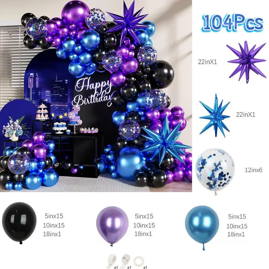 104Pcs Black Purple Blue Balloons Garland Arch Kit Metallic Blue Purple Balloons with Stars for Baby Shower Birthday Party Decor