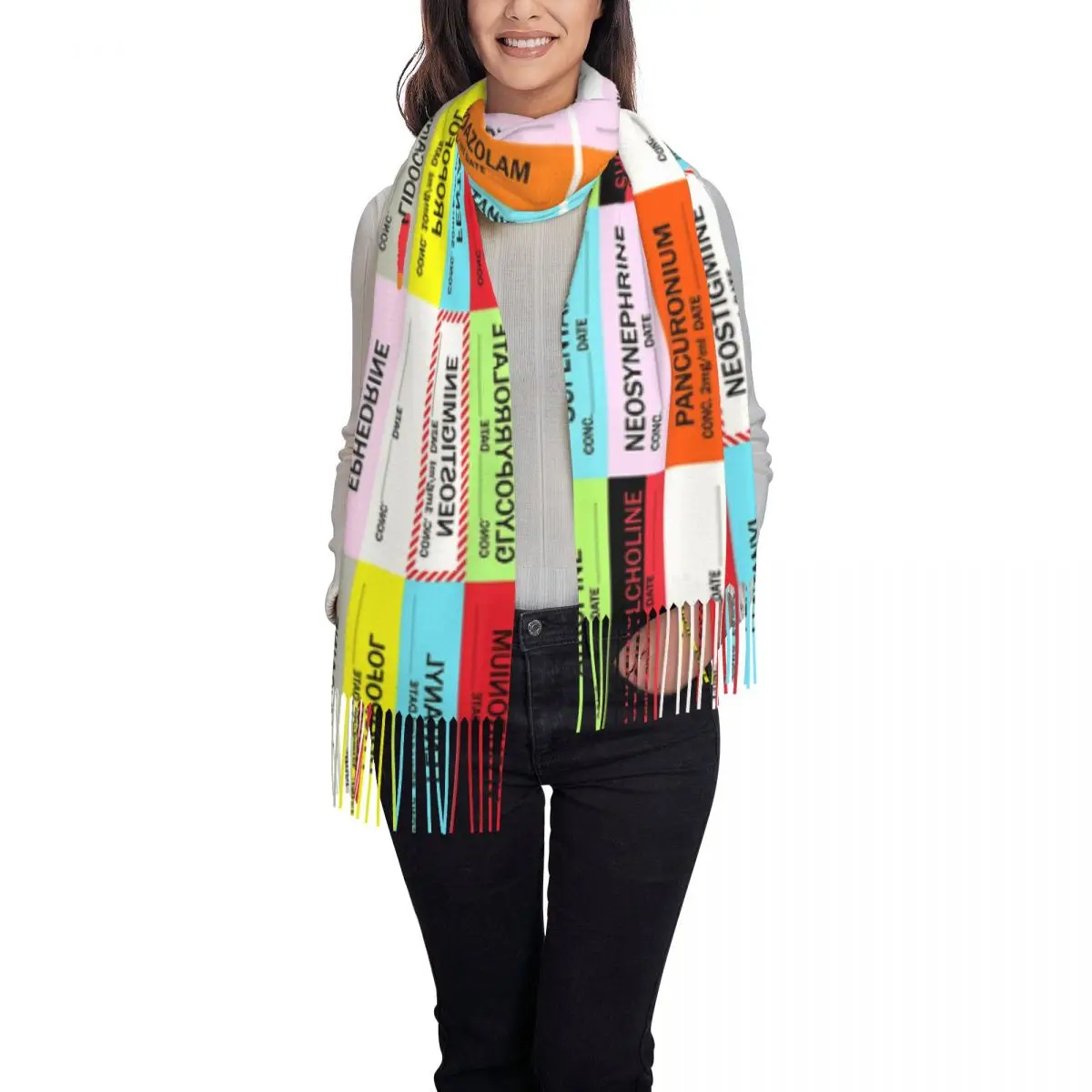 Ladies Large Medical Nurse Anesthesia Medication Labels Scarves Women Winter Thick Warm Tassel Shawl Wrap Scarf