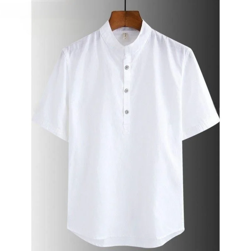 여름용 면 린넨 남성용 셔츠, 루즈핏 심플 슬리브 통기성 좋은 린넨 셔츠, 오픈 프론트 칼라