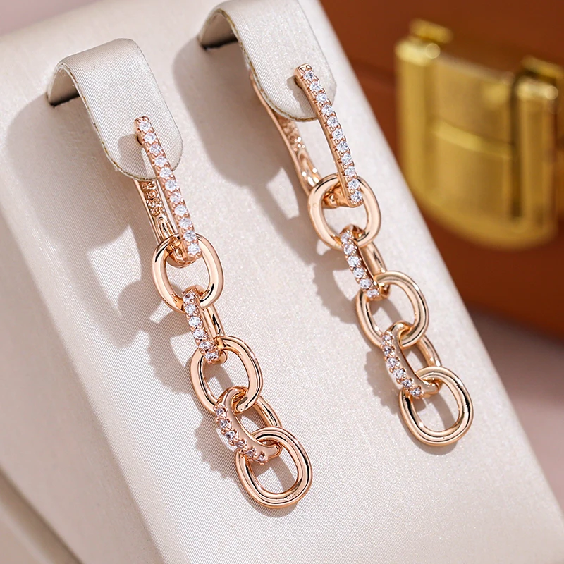 Sparking White Zircon O-Circle Tandem Long Dangle Earrings for Women 585 Golden Fashion Accessories Wedding Party Jewelry