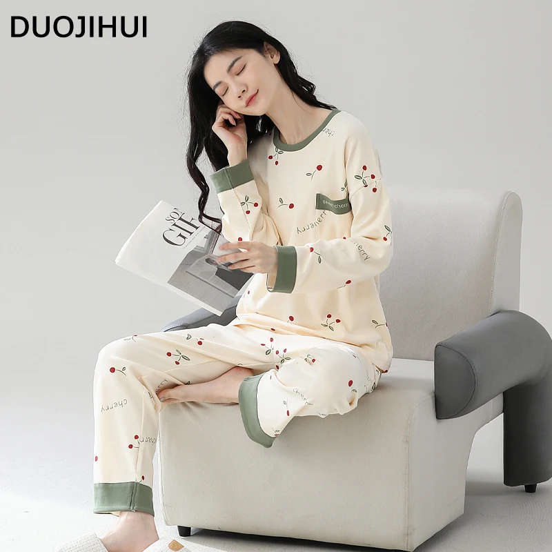 DUOJIHUI Two Piece Fashion Pockets Pajamas for Women Loose with Chest Pad Pullovers Simple Basic Pants Casual Female Pajamas Set