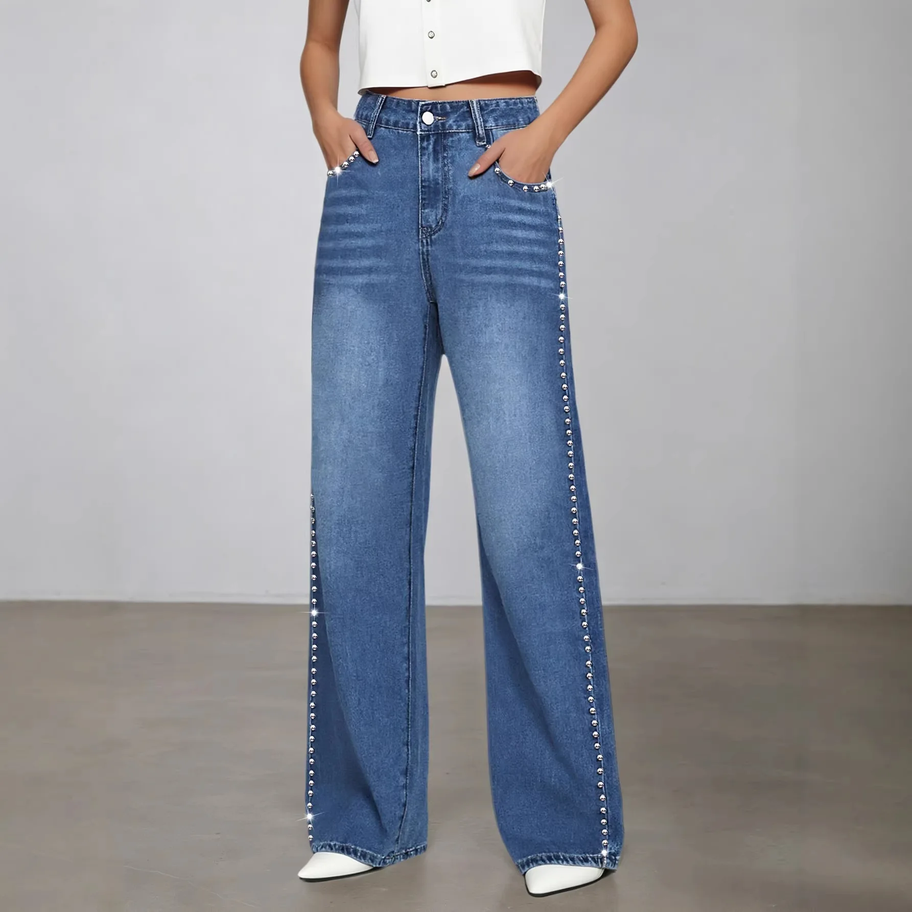 

Popular European and American Wide-leg Jeans, Washed Nail Beads, High Waist Loose Drape Straight Pants