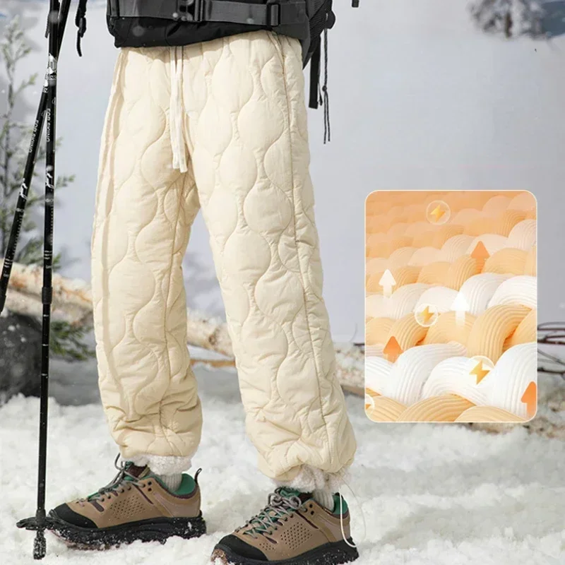 Winter Down Pants Men's Trendy Ski Waterproof Thick Fleece Warm Straight Cotton Trousers Women's Casual Cold-proof Padded Pants