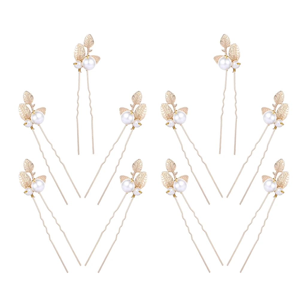 

10pcs Pearl Leaf Hairpins Gold Tone Bridal Accessories Wedding Party U Shaped Clips Decorative Pins For Women Hair Tools