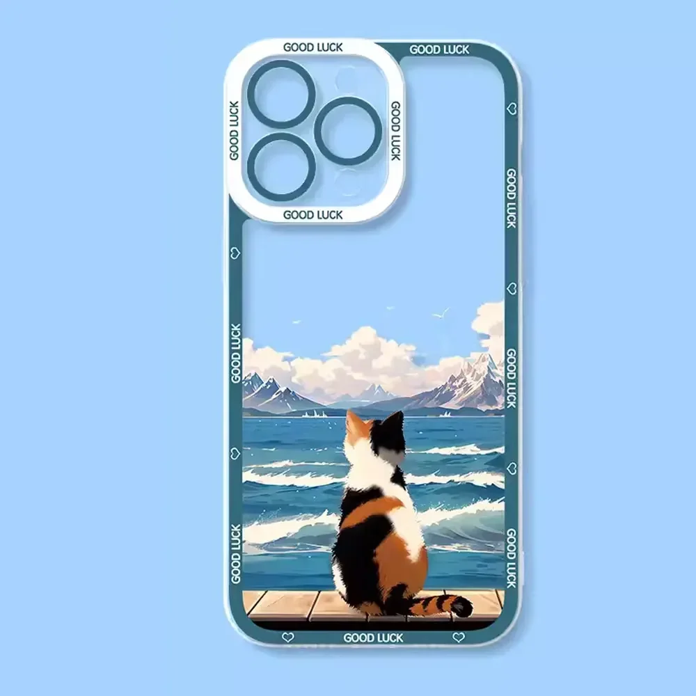 Etui na telefon Funny Sunset Cat do iPhone\'a 16 15 14 13 12 11 Pro Max XS X SE20 7 8 Plus Clear Scenery Soft Cover do Iphone 11 Fundas