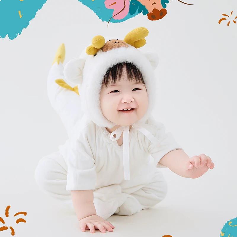 Baby Photography Clothes 12 Months Children Outfit Dragon Year Themed Jumpsuit Hat 2pcs/Set Studio Infant Photo Accessories