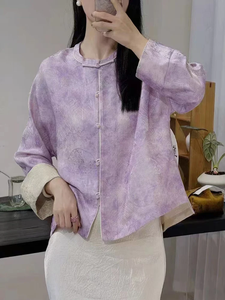 Primavera e autunno Nuovo O-Collo Jacquard di seta Paesaggio Cliff Giacca Polsini colorati a contrasto Top da donna indossabile su due lati S-XL