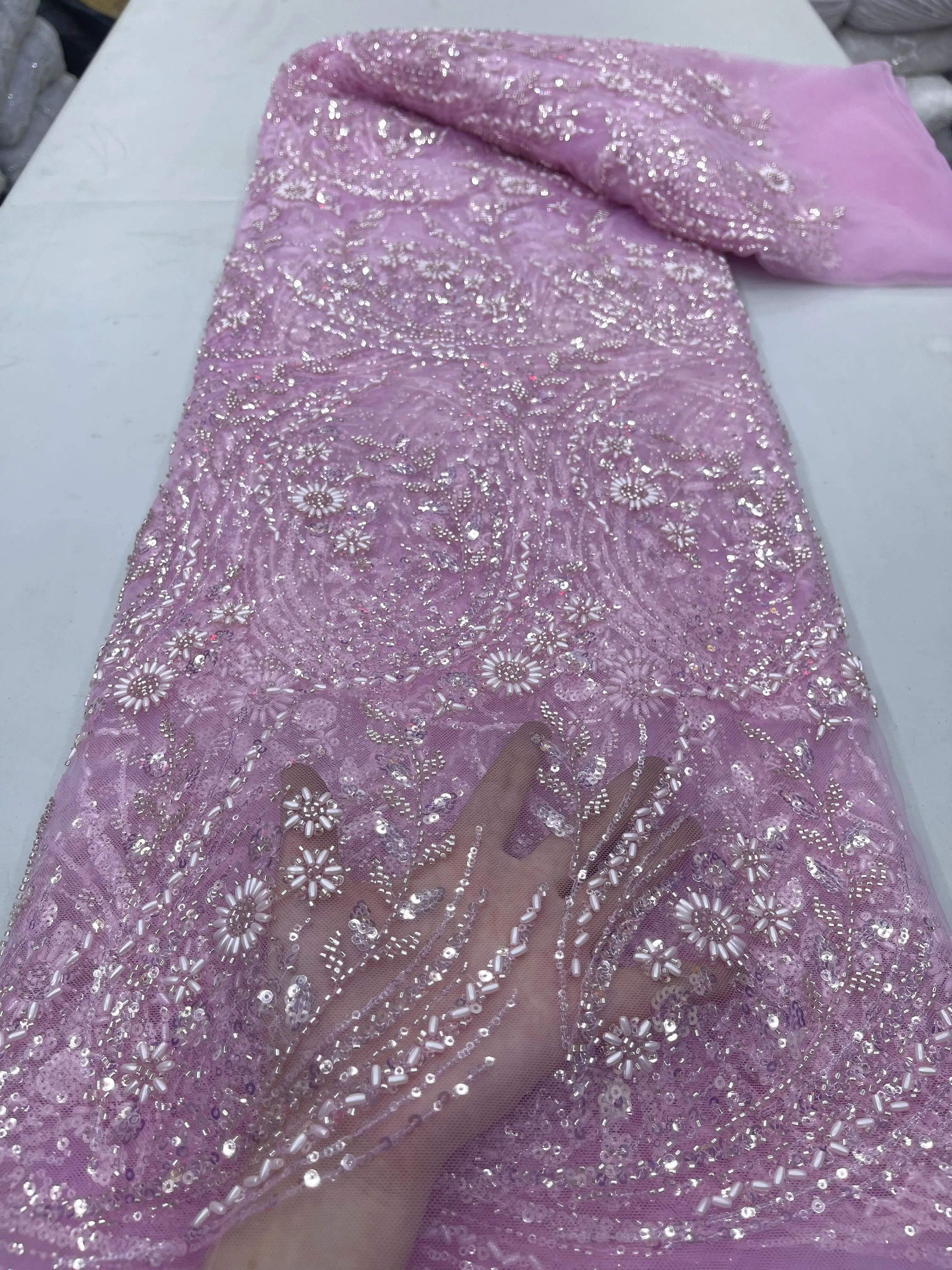 Luxurious Nigerian Sequins Lace Fabric 2024 High Quality Embroidery Beads African French Lace Fabric For Wedding Dress