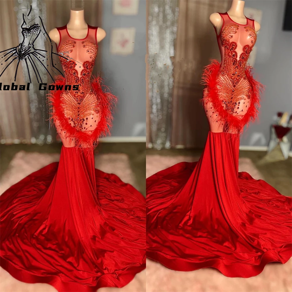 Red Sheer O N Evening Dress Black Girl Bead Crystal Birthday Party Gown Feather Formal Dresses Mermaid Robe De Soiree Customized