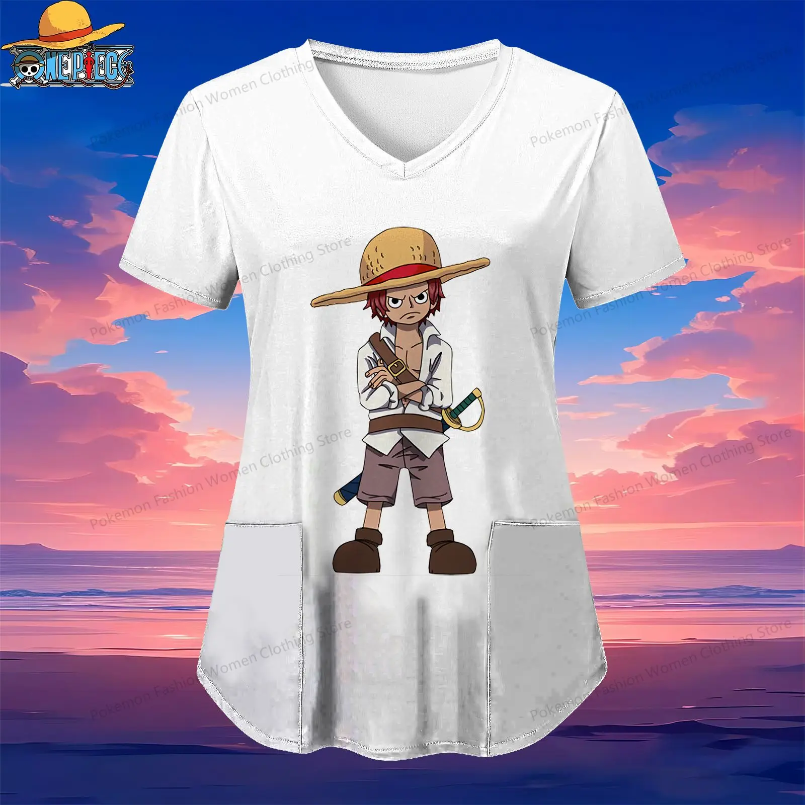 Pocket Women's V Neck Nurse Uniform T-Shirt One Piece Luffy Y2k Summer Short Sleeve Top Anime Kawaii Street Wear S-2XL 2024 Tee