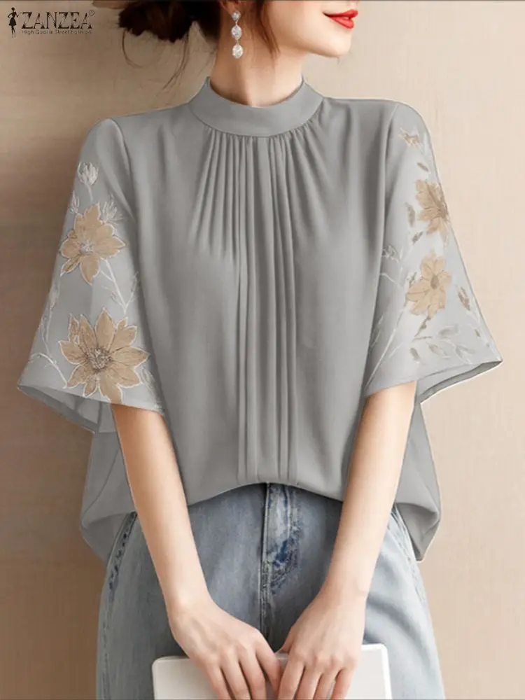 Elegant Office Women Blouse ZANZEA Summer Shirt Woman Stand Neck Short Sleeve Tunic Tops Stylish Floral Print Blusas Mujer Femme