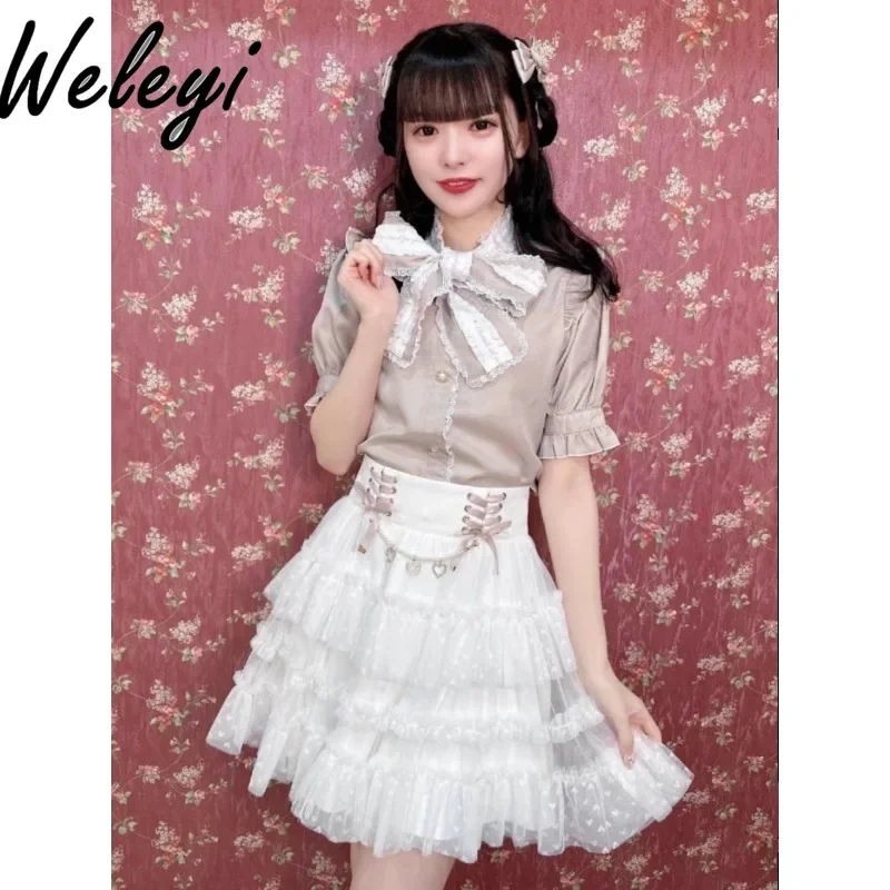 

Kawaii Lolita Skirt Japanese Fashion Mass Production Line Front Placket Cake Faldas Bow Hip Covering Irregular Soft Sister Jupes