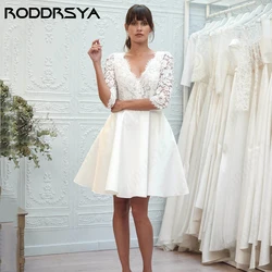 RODDRSYA Sexy Lace Wedding Dress For Women Simple Insertable Pocket Satin Vestido De Noiva Short Mini Half Sleeve Bride Party
