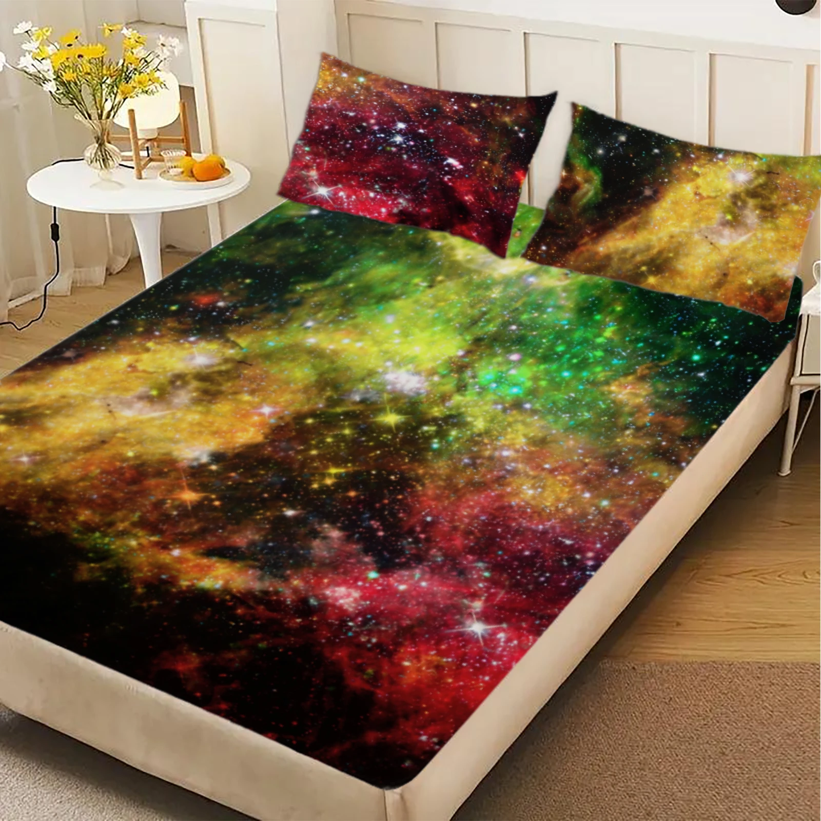1pc Galaxy Nebula Fitted Sheet ,Outer Space Starry Sky Print Deep Pocket Elastic Mattress Cover, No Pillowcase Bedroom Bedding