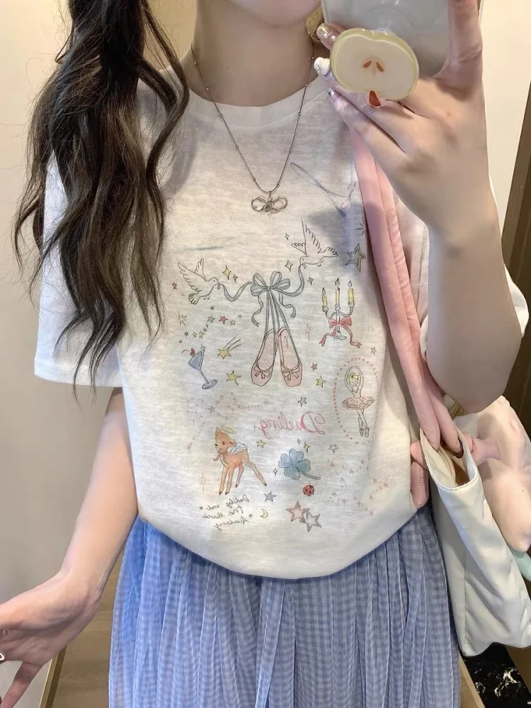

Cute Print Loose Mid-Sve T-irt Translucent Sun Protection Cover up Top for Young Girls Summer Casual Wear Korean Sle