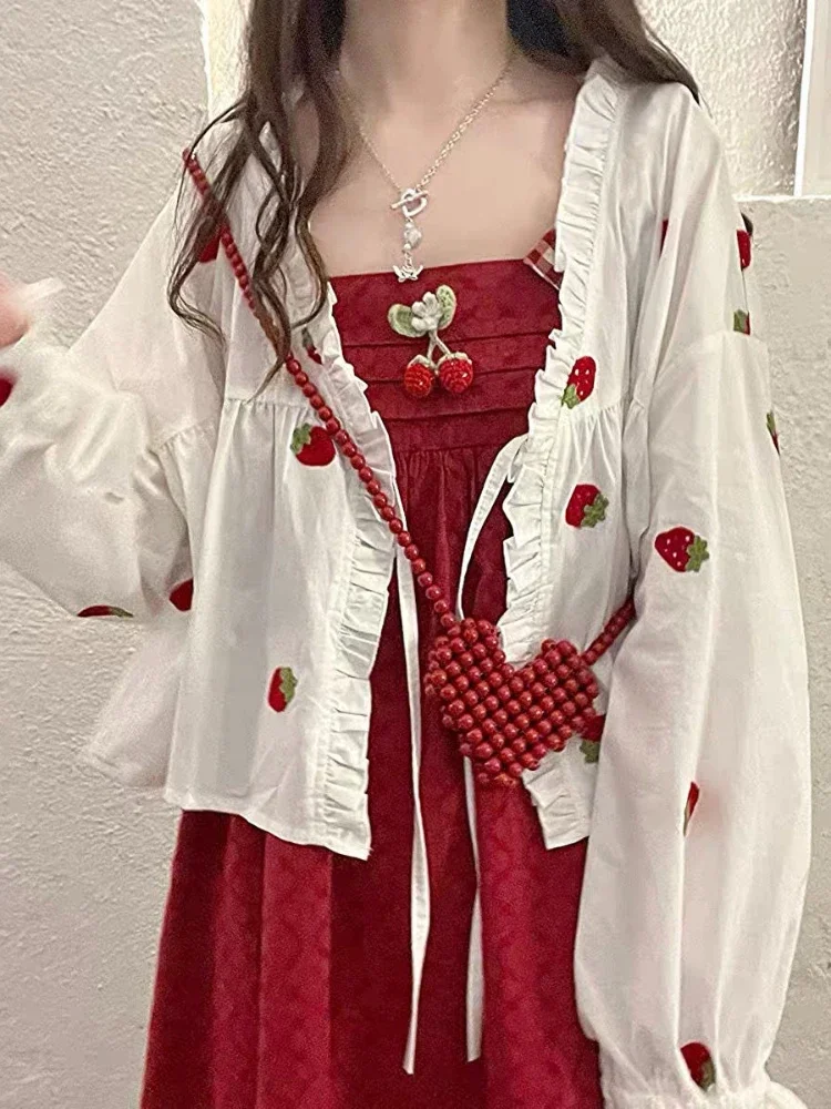 

Women Sunscreen Shirt Preppy Style Summer Kawaii Strawberry Embroidery Cardigan Kimono Blouse Bandage Ruffle Blusas Loose Tops