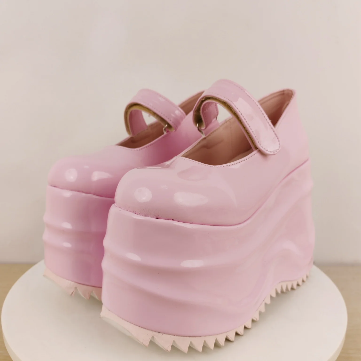 

Patent Leather Mary Jane Platform Pumps Round Toe Strap Sandals Wavy Ultra‑high Thick Heel Wedge Serrated Outsole Women's Shoes