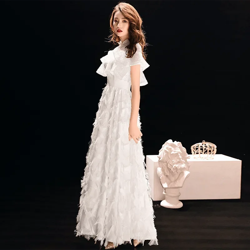 

White Bride Wedding Party Feather Dresses Sweet Ruffles Hight Collar A-Line Evening Dress 3XL Spring New Women Skirt