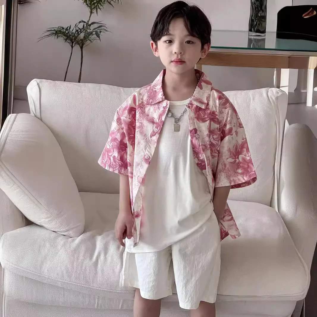 2024 Summer New  Boys Korean Children's Wear Water Washed Cotton Cloth Pink Flower Print Short sleeved Shirt