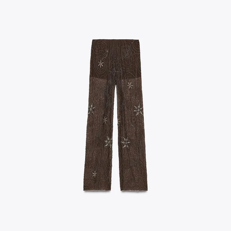

Sexy See-throught Sequin Pant Women Rhinestone Printed Low Waist Female Trousers 2025 Summer Y2k Street Lady Wide-leg Pants