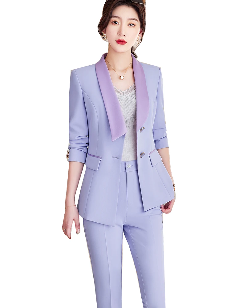 Blazer et pantalon formel pour femme, veste femme, surintendant ser, vêtements de travail d'hiver pour dames de bureau, mode, rose, violet, imbibé, ensemble 2 pièces