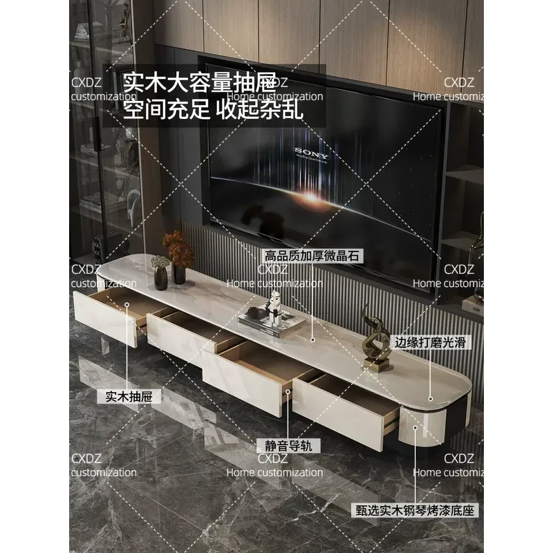Italian Light Luxury Minimalist Solid Wood Piano Paint Microcrystalline Stone TV Cabinet Living Room Storage Furniture for