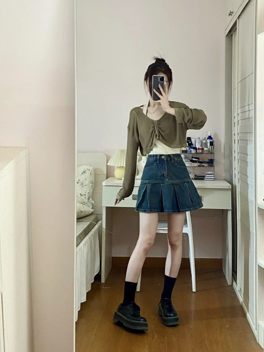 スリム A ライン スカート デニム プリーツ レディース ファッション ハイウエスト 韓国 スカート 夏コレクション 2023