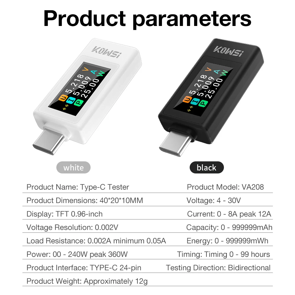 KWS Typ-C Ladetester DC 4-30V 0-12A Digital Voltmeter Spannung Strom Meter Amperemeter Power Bank Telefon Ladegerät Anzeige – Detail 9
