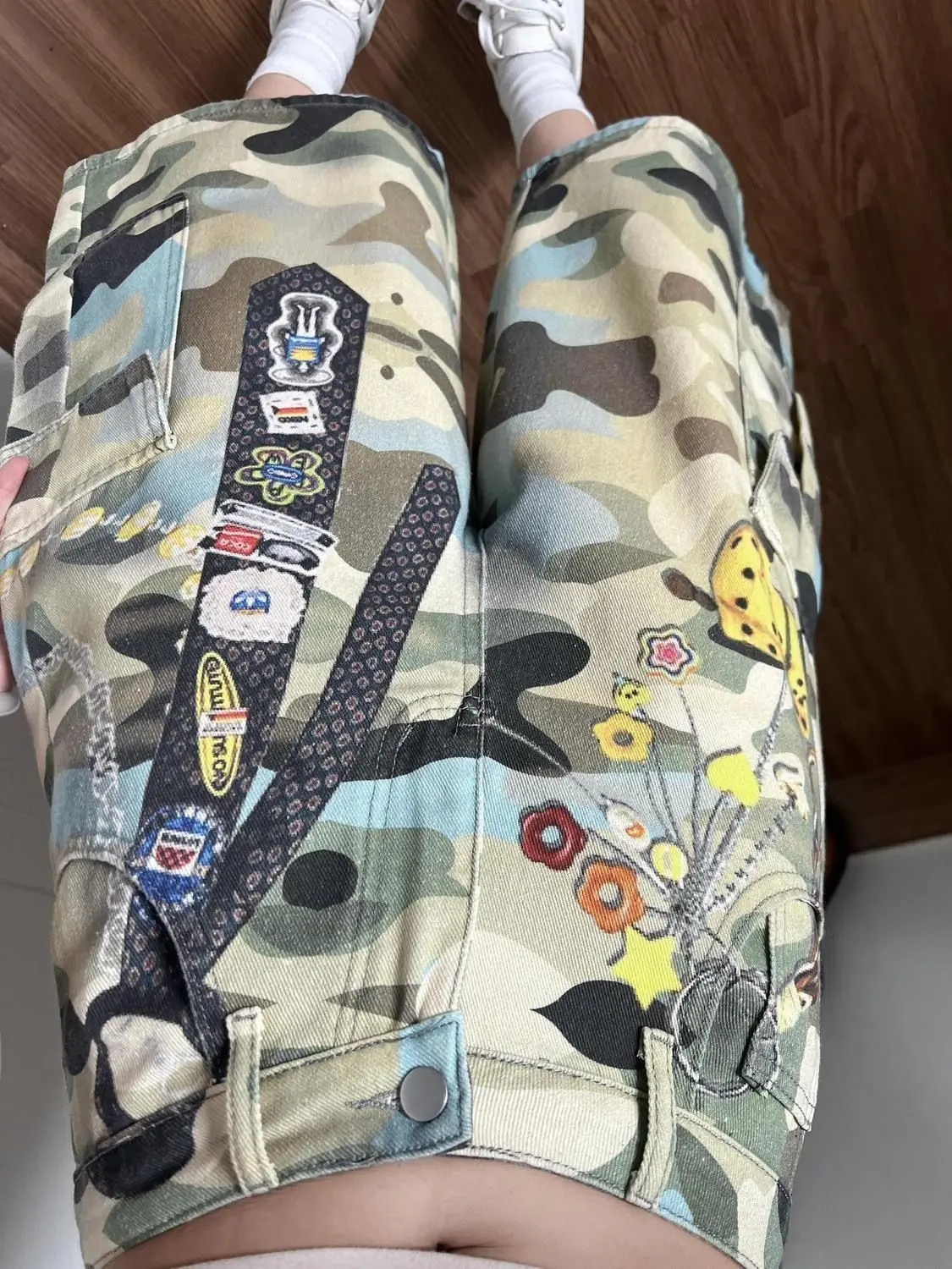 American camouflage tie printed tooling jeans women's summer high street loose and thin cropped shorts