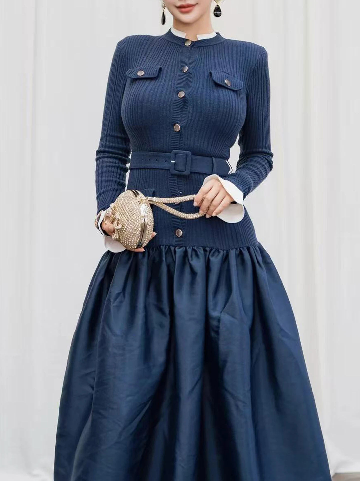 High Waist Knitted Dr with Bell Sves And Waist Belt Ele Ladylike Sle Autumn Season Commute Simple Sle Medium So...