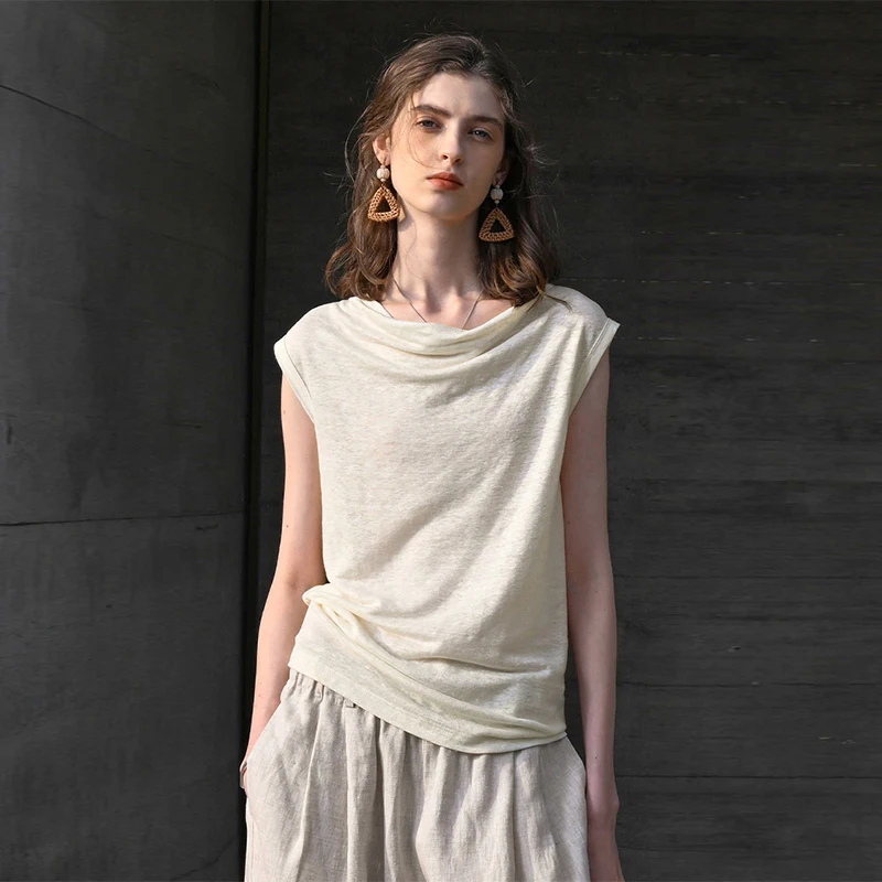 

Женские футболки из 100% конопли, однотонные вязаные высококачественные легкие дышащие тонкие повседневные топы на одно плечо с откидным воротником