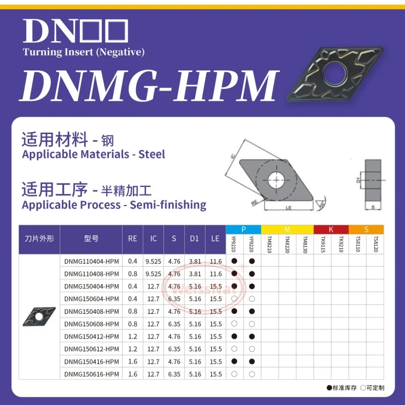 

DNMG110408 DNMG110412 DNMG150404 DNMG150408 DNMG150412 DNMG150604 DNMG150608-HPM YP9210 YP9220 TP9105Carbide Insert DNMG Inserts