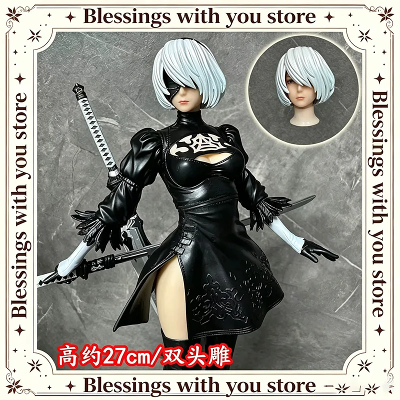 New In Nier Automata 2b Anime Girl Gk Figure Double Head Sculpture High Slit Battle Suit Collectible Statue Desktop Decoration