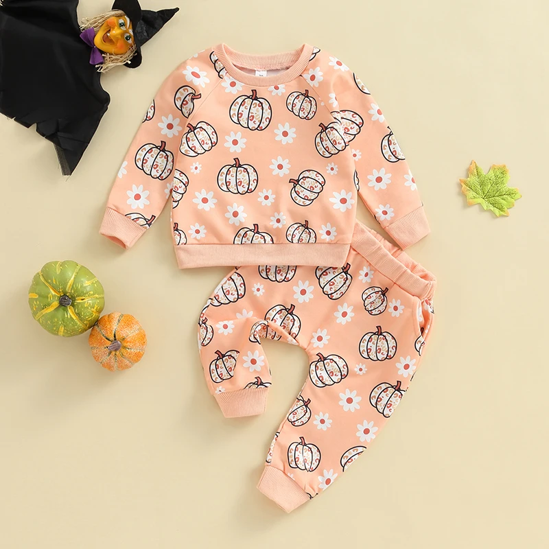 Baby Girl Fall Outfit Flower Pumpkin Print Long Sleeve Sweatshirts Elastic Waist Long Pants 2Pcs Halloween Clothes Set 0-3 Years image 6
