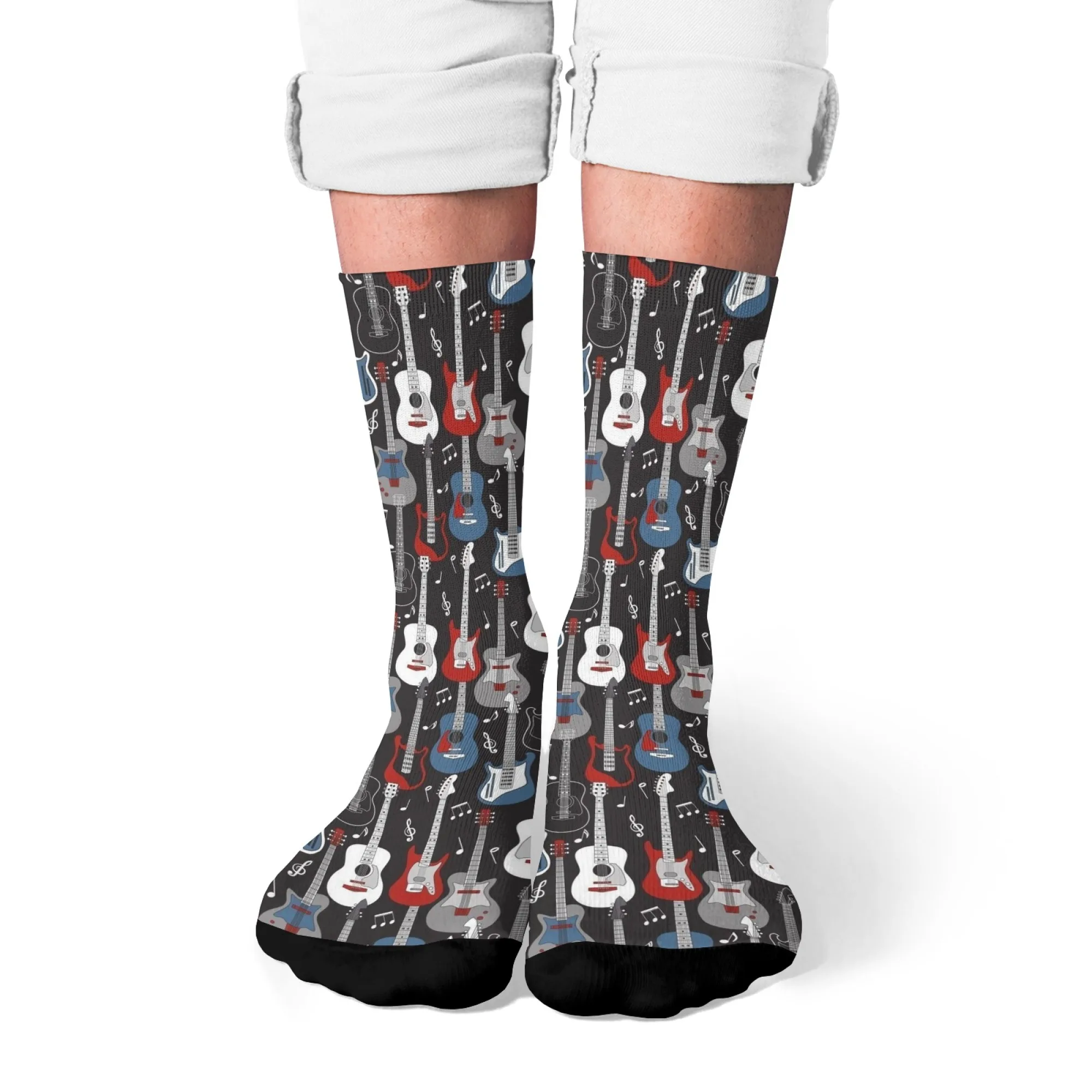 Men's Guitar Graphic Socks Black Music Lover Mid-Calf Length with Bold Electric Guitar Design Rock Band Tee Style for Gifts